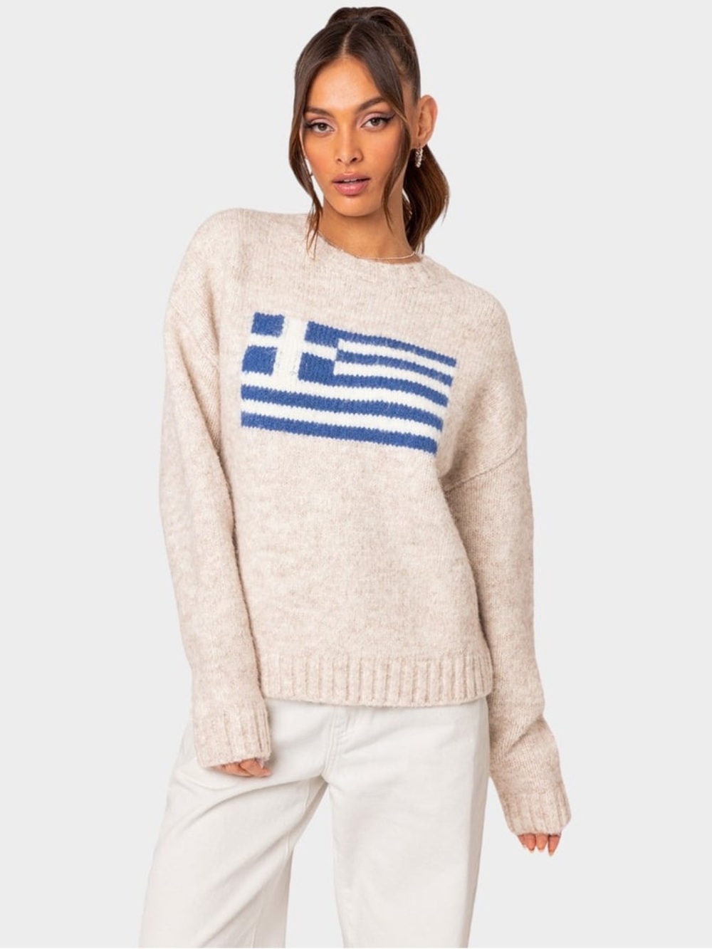 Edikted Greece Oversized Chunky Knit Sweater Greek Flag Stone Beige NWT